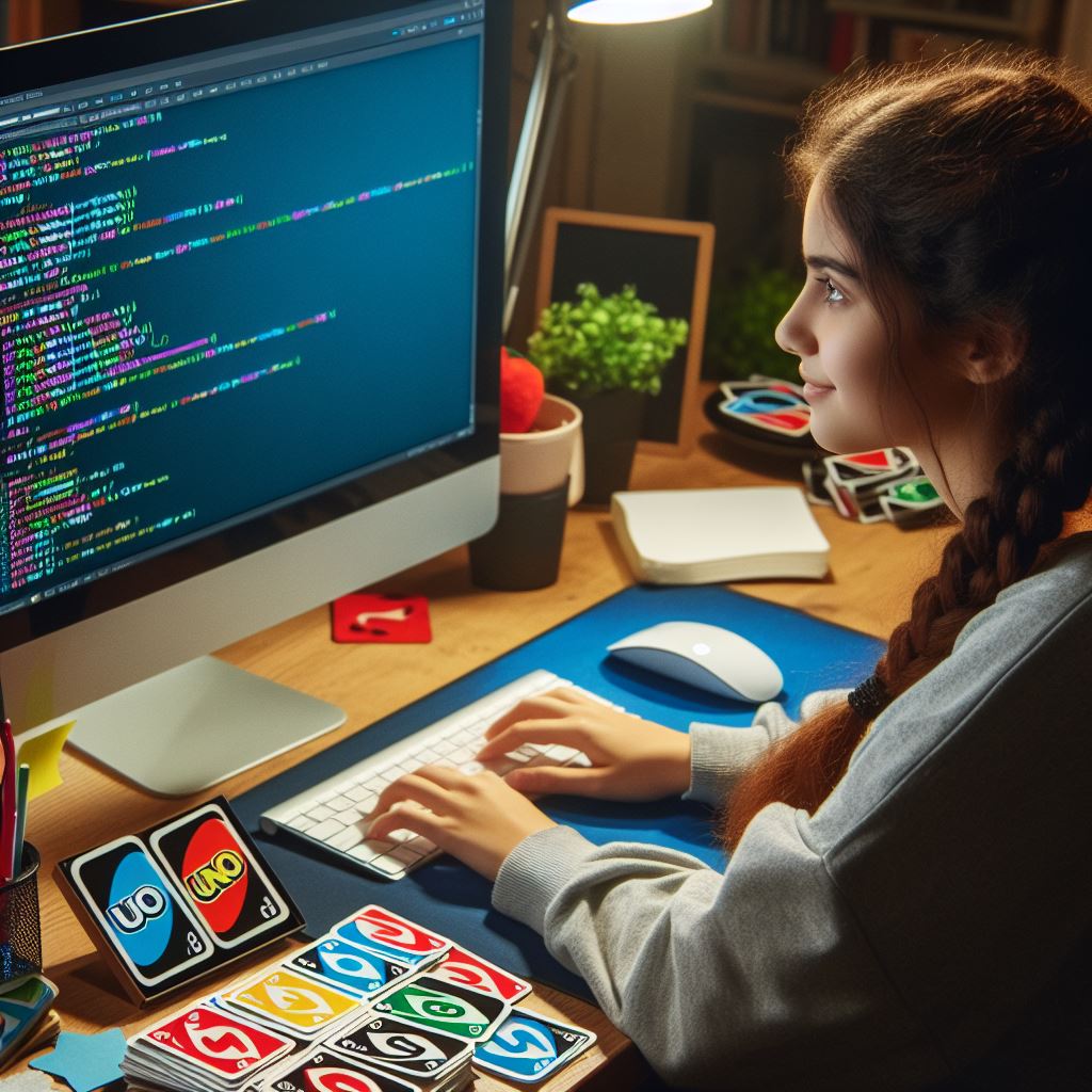 A picture made by chatgpt of a girl coding an UNO simulation in Python